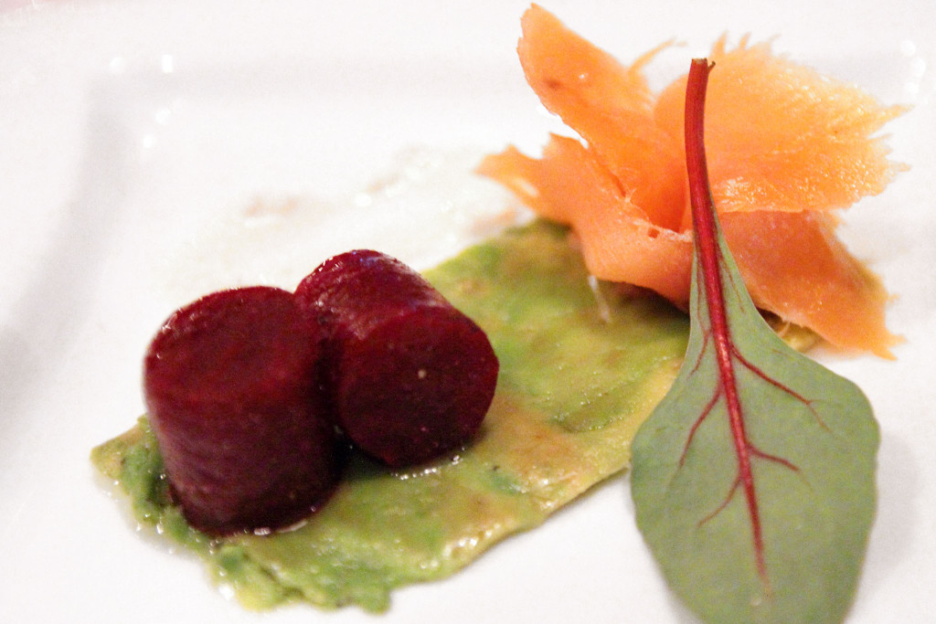 carpaccio of beetroot and avocado with smoked salmon